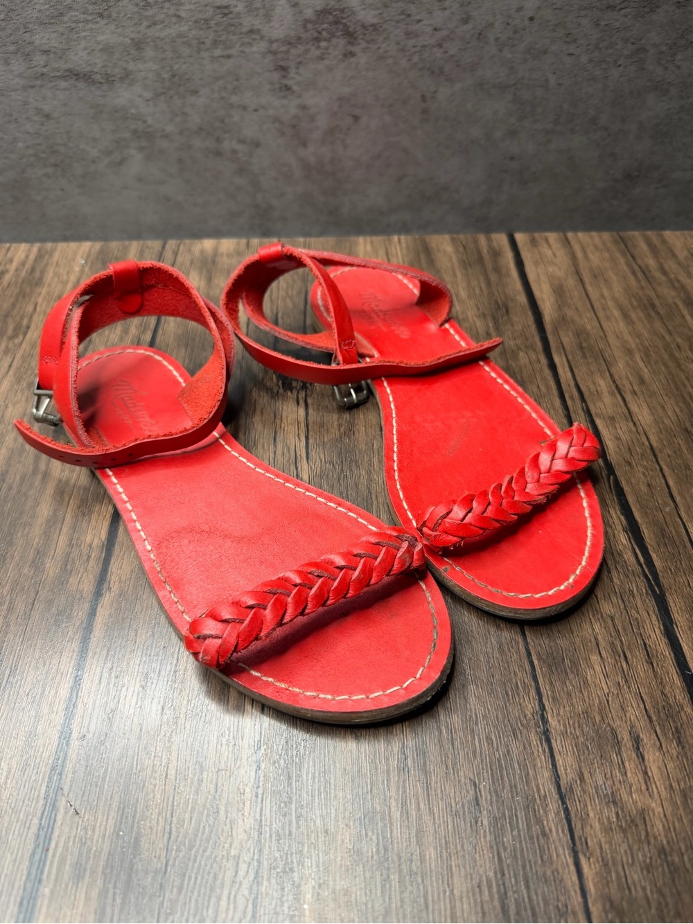 Madewell Red Leather Braided Strap Flat Sandals
